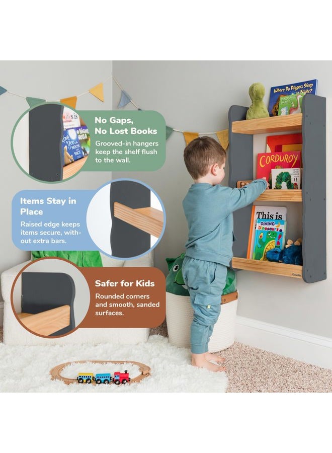 Ocodile Floating Kids Bookshelf – 3-Tier Wall Mounted Bookshelf for Nursery & Playroom – Montessori Floating Shelves for Kids Room Made of Pine Wood with Smooth Finish - Gray - Image 3