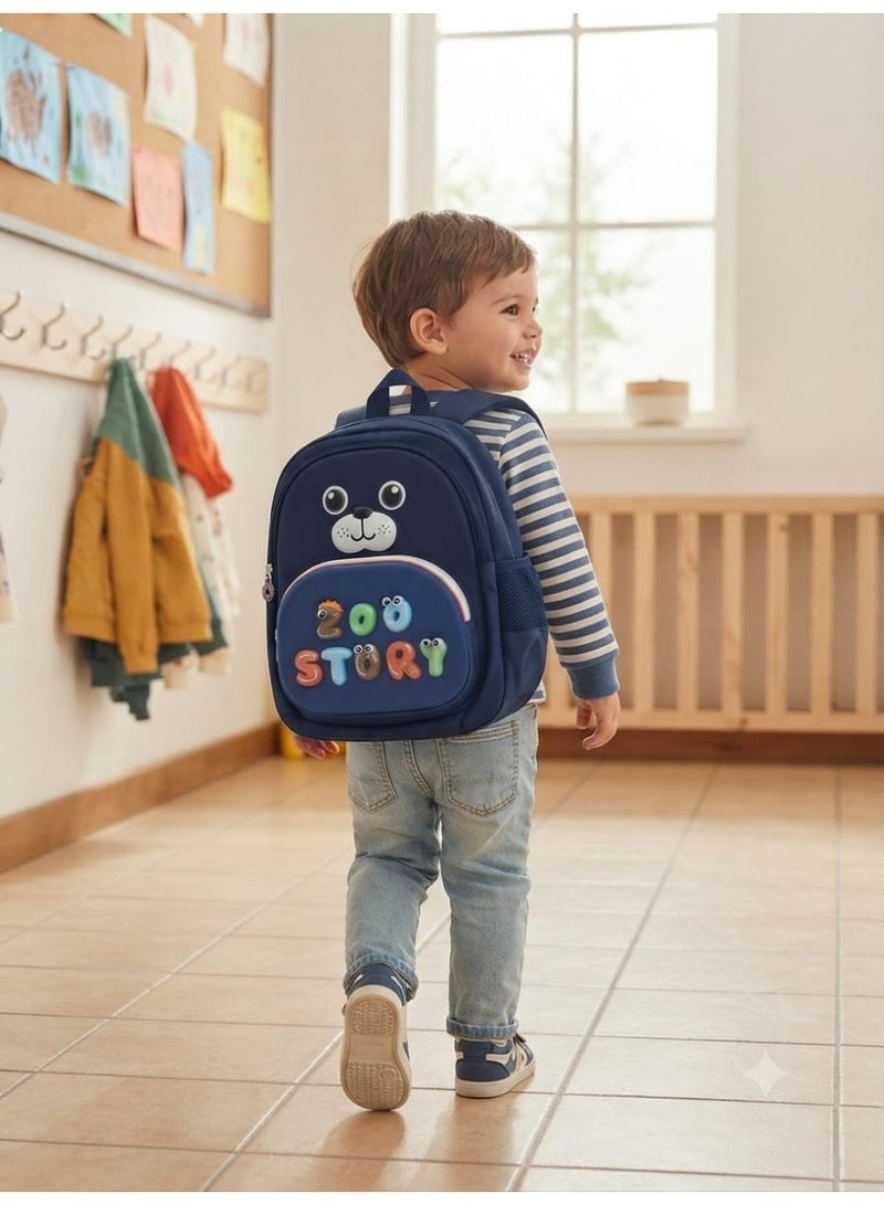 Preschool Supplies  Preschool Backpack  Waterproof  Distinctive cartoon designs  3D raised lettering  Features two zippers  Attractive navy blue color  Padded straps  High-quality material - Image 1