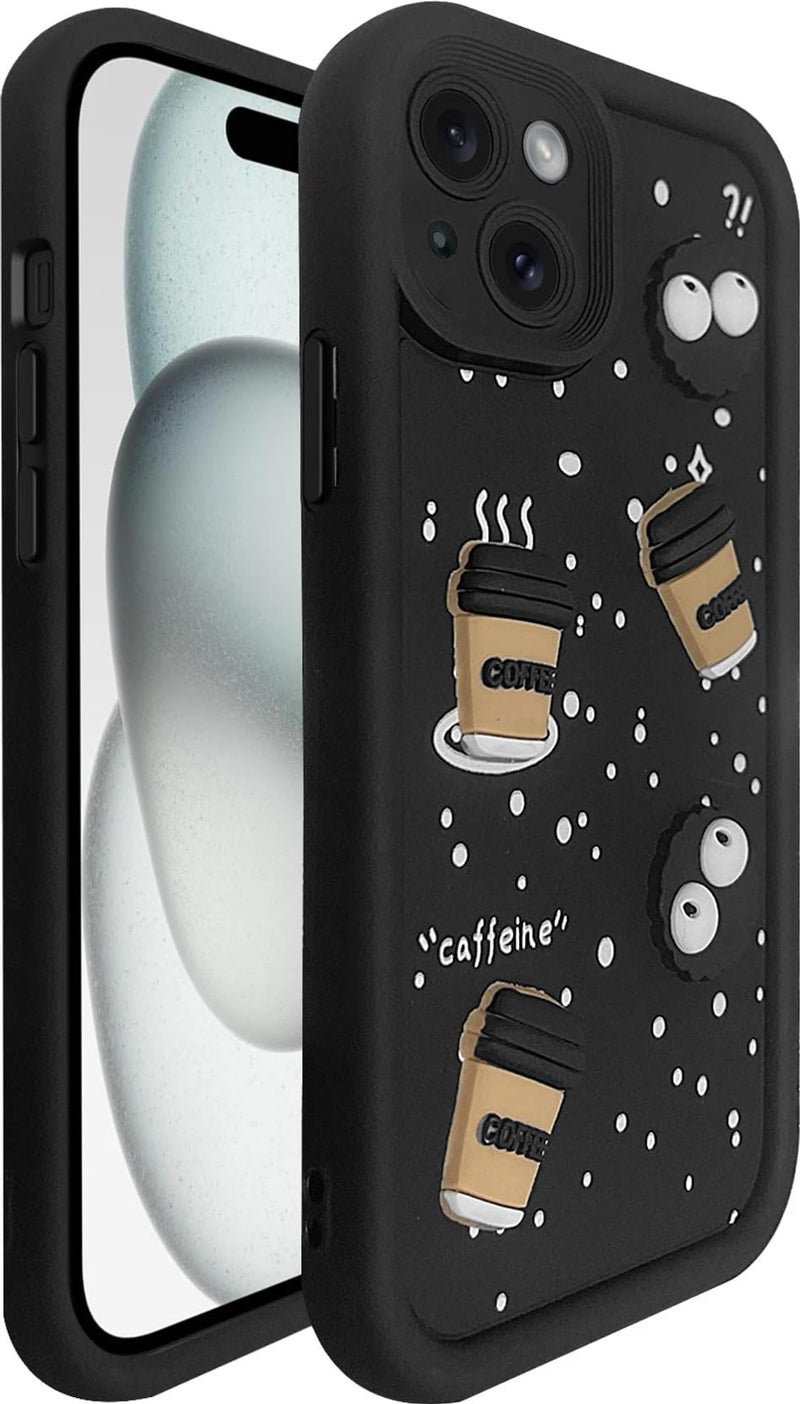 SHINESTAR Back Cover for iPhone 15 – 3D Cartoon Coffee & Eyes Design | Soft Silicone Shockproof Case with Full Camera Protection | Cute & Playful Phone Cover - Black - Image 5