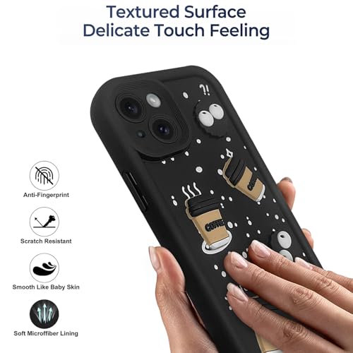 SHINESTAR Back Cover for iPhone 15 – 3D Cartoon Coffee & Eyes Design | Soft Silicone Shockproof Case with Full Camera Protection | Cute & Playful Phone Cover - Black - Image 2