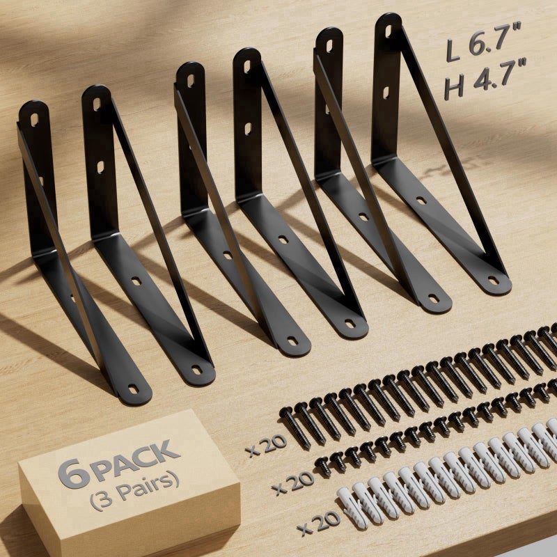 COCOYA 6.7X4.7 Shelf Brackets 6-Pack, Shelf Support Shelf Holder Steel Wall Mount Heavy Duty Small L Shape Triangle 90 Degree Metal Black With Screws Anchors Soporte De Estante - Image 2