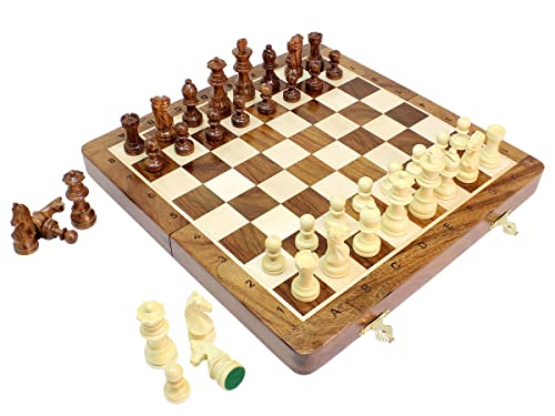 House of Chess 12 Inches Wooden Magnetic Folding Travel Chess SetBoard 2 Extra Knights 2 Extra Pawns 2 Extra Queens Algebraic Notation Handmade Golden Rosewood - Image 1