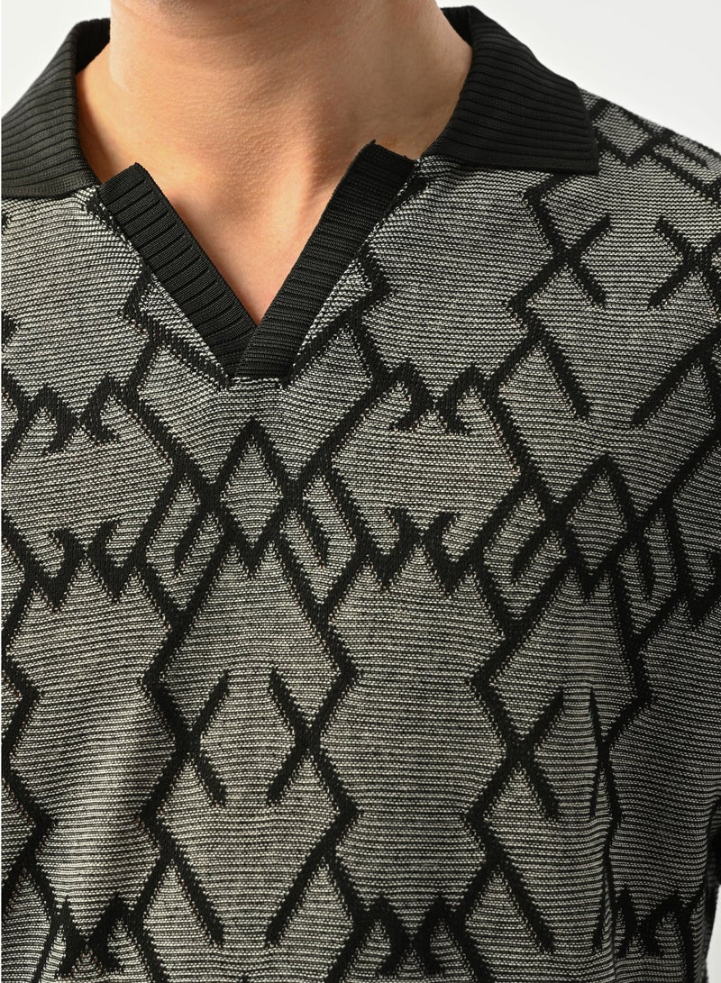 Marrakech Geometric Jacquard Knit Polo Shirt for Men - Black and Grey - Image 2