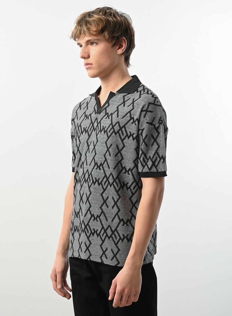 Marrakech Geometric Jacquard Knit Polo Shirt for Men - Black and Grey - Image 3