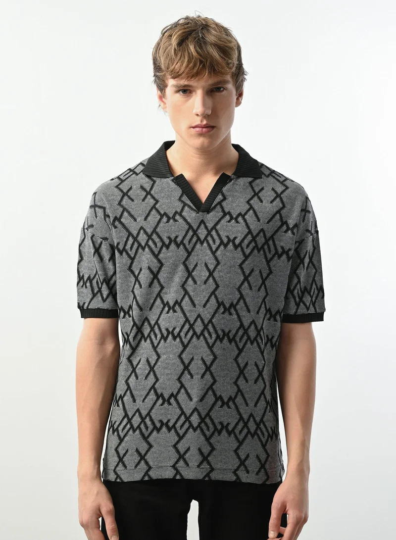 Marrakech Geometric Jacquard Knit Polo Shirt for Men - Black and Grey