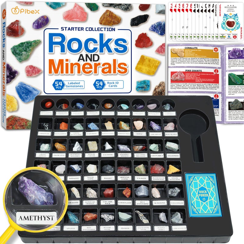 PIBEX Rock Collection Starter Kit - 54 Pcs Assorted Gemstones, Crystals, Rocks & Minerals, with Learning Book & ID Cards, Earth Science Kit Toy, A Geology Gift for Kids & Adults Ages 8+ - Image 1
