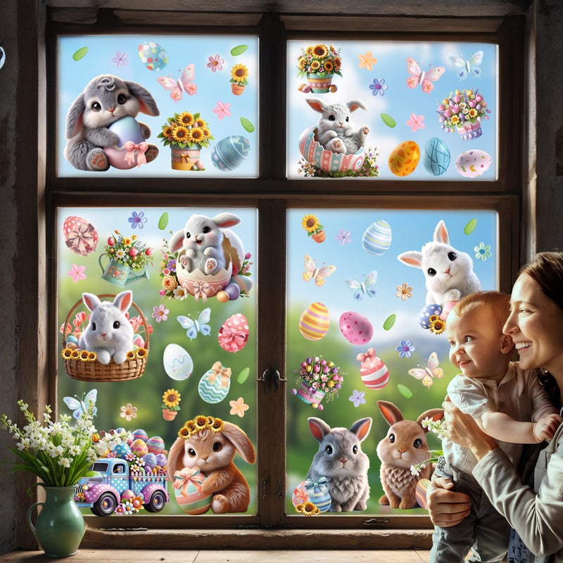 WALPLUS Easter Bunny Window Clings Spring Decorations Window Clings Double-Sided Reusable Peel and Stick Removable for Glass Living Room Nursery Room Home Office Egg-citing Bunny Adventures 110 Pieces - Image 3