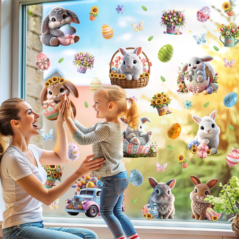 WALPLUS Easter Bunny Window Clings Spring Decorations Window Clings Double-Sided Reusable Peel and Stick Removable for Glass Living Room Nursery Room Home Office Egg-citing Bunny Adventures 110 Pieces - Image 5