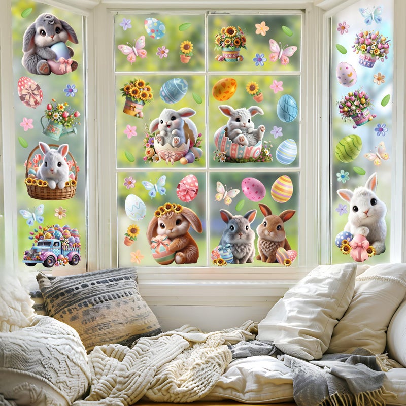 WALPLUS Easter Bunny Window Clings Spring Decorations Window Clings Double-Sided Reusable Peel and Stick Removable for Glass Living Room Nursery Room Home Office Egg-citing Bunny Adventures 110 Pieces - Image 4