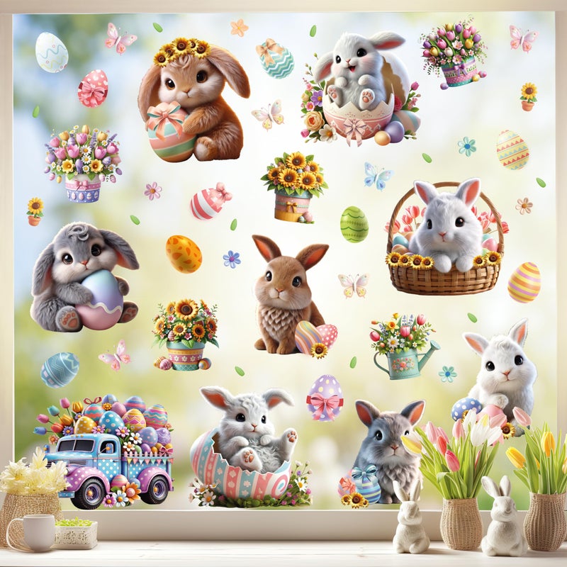WALPLUS Easter Bunny Window Clings Spring Decorations Window Clings Double-Sided Reusable Peel and Stick Removable for Glass Living Room Nursery Room Home Office Egg-citing Bunny Adventures 110 Pieces - Image 1