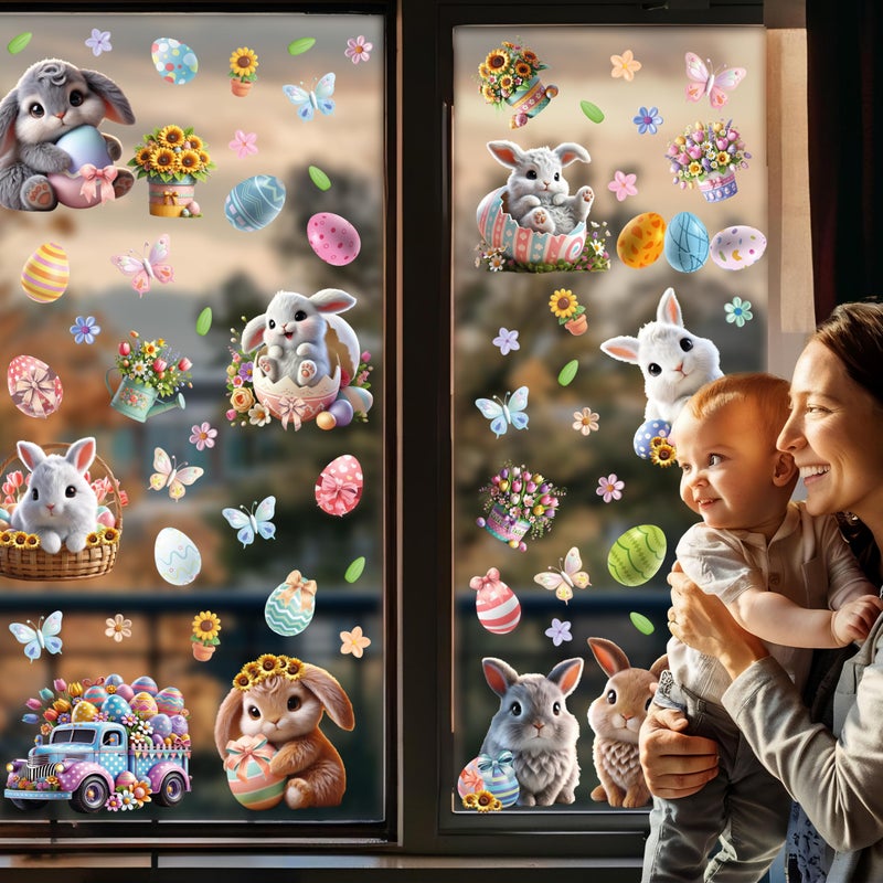 WALPLUS Easter Bunny Window Clings Spring Decorations Window Clings Double-Sided Reusable Peel and Stick Removable for Glass Living Room Nursery Room Home Office Egg-citing Bunny Adventures 110 Pieces - Image 2
