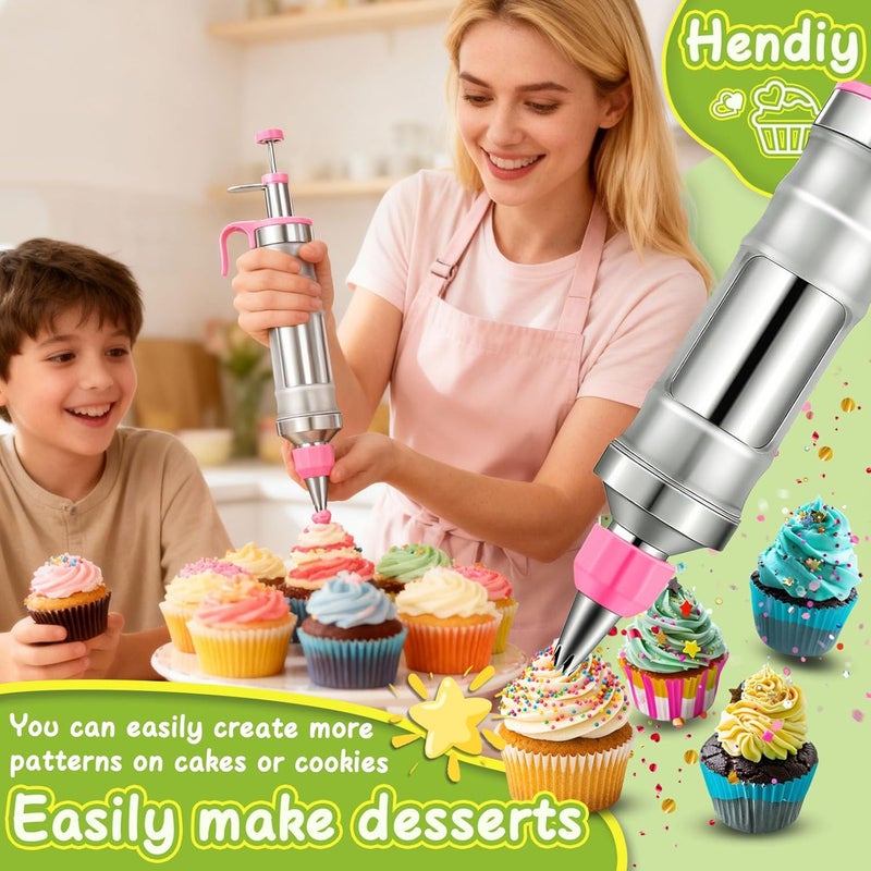Hendiy Dessert Decorating Syringe Set, Frosting Piping Kit Stainless Steels Cake Decorating Kit with 6 Piping Tips & 9 silicone cupcakes, Cupcake Decorating Kit Piping Bags and Tips Set - Image 2