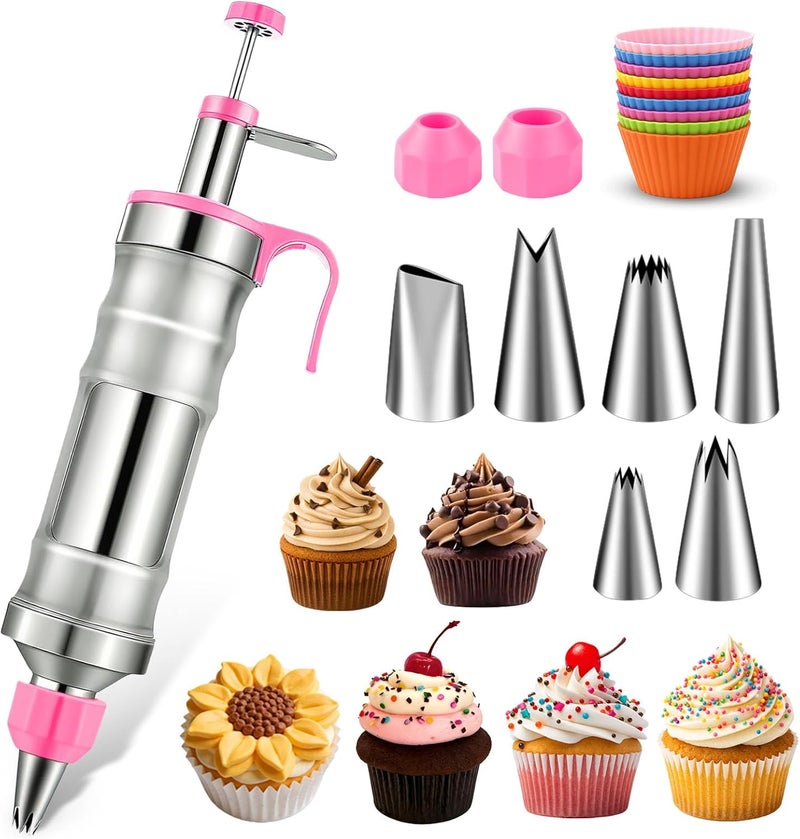 Hendiy Dessert Decorating Syringe Set, Frosting Piping Kit Stainless Steels Cake Decorating Kit with 6 Piping Tips & 9 silicone cupcakes, Cupcake Decorating Kit Piping Bags and Tips Set - Image 1
