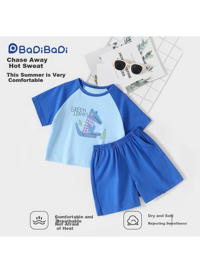 Badibadi Summer Infant And Toddler Pure Cotton T-shirt And Shorts Set For Boys And Girls, Baby Outfit, Colorful Blue, Tree Leaf Crocodile, Size 130 - Image 1