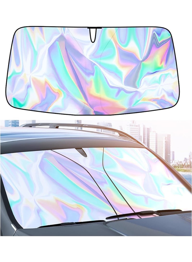 MOMENT Sunshade Car Front Windshield Titanium Silver Sun Shade Iridescent Car Sunshade Foldable Sun Shield Cover Block UV Rays, Reflector Shield Suitable for Most Cars SUVs Large 134x80cm - Image 1