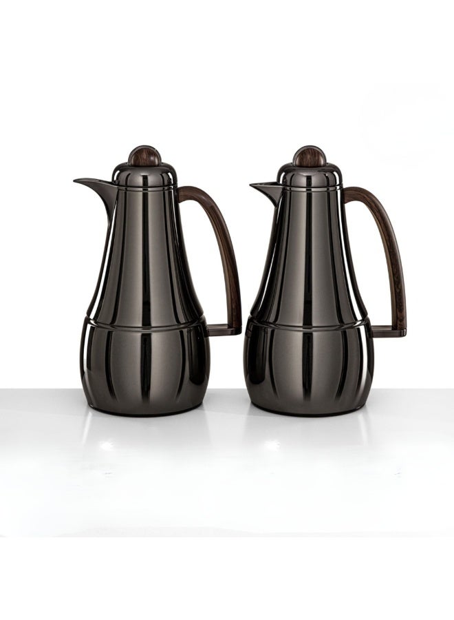 Almarjan Luxury Arabic Coffee & Tea Thermos Flask Set – Dark Metallic Finish with Wood-Style Handle (2 Pieces) - Image 1