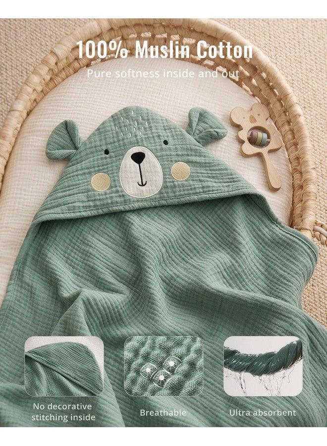 Blissful Diary Muslin Baby Hooded Towel, Soft and Absorbent Bath Towel for Newborn, Infant, Toddler, Unisex, 32″x32″ - Smart Bear - Image 2