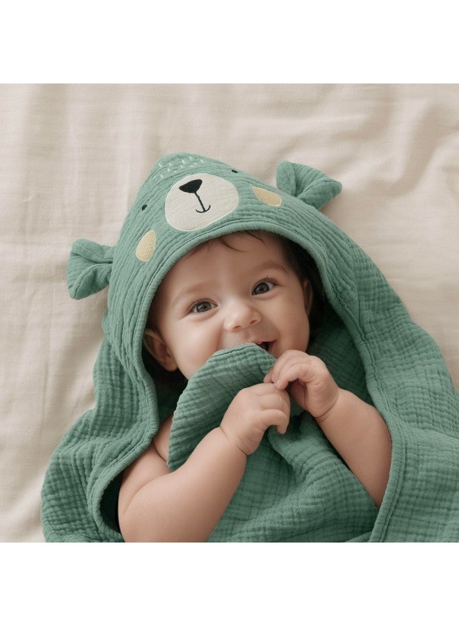 Blissful Diary Muslin Baby Hooded Towel, Soft and Absorbent Bath Towel for Newborn, Infant, Toddler, Unisex, 32″x32″ - Smart Bear - Image 1