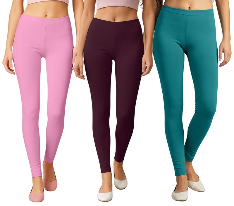 JUNEBERRY® Women’s Cotton Lycra Leggings Pack of 3 – Soft Stretchable Ankle Length Pants for Everyday Comfort & Casual Outfits | PO3_LNGS_DB_PK_WN_S - Image 1