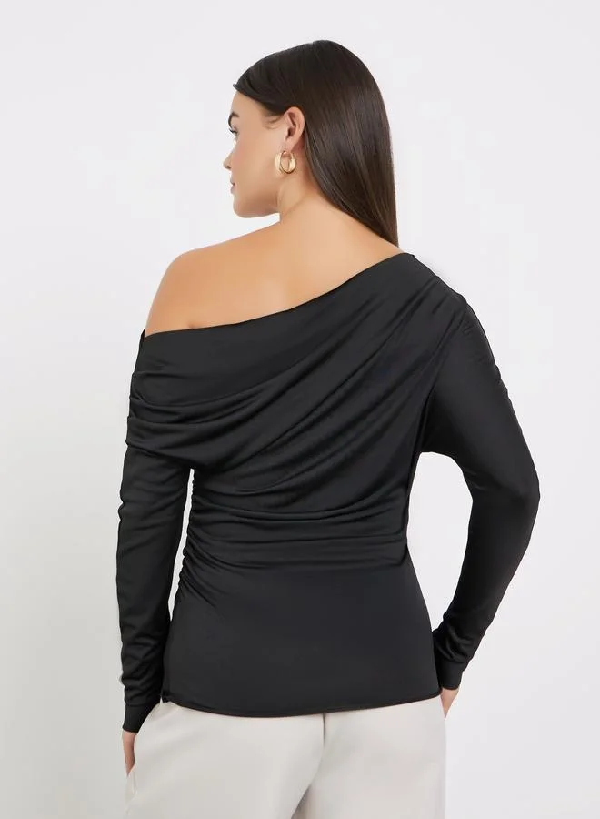 ستايلي بلوزة سادة بكتف واحد وأكمام طويلة