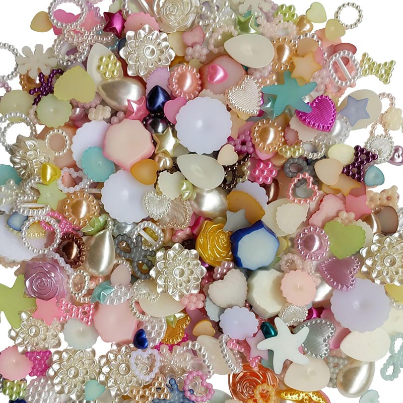 Chenkou Craft Random 100glot Around 400pcs 420mm Half Round Imitation Pearls Seastar Bow Rose Rhinestone Flat Back Pearl Bead Loose Beads Mix 100g