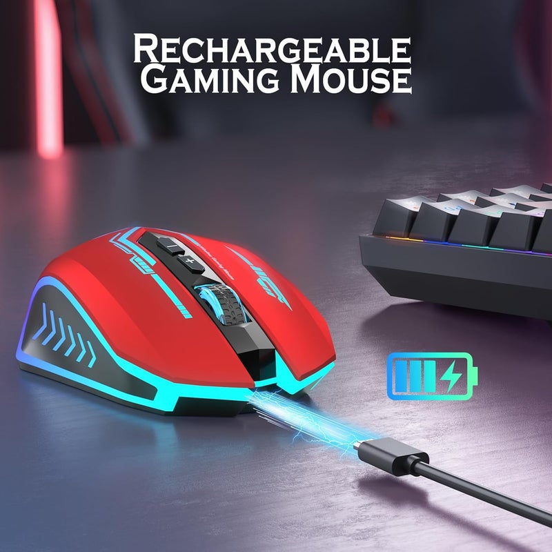 UHURU Gaming Mouse, Wireless Gaming Mouse with 7 Buttons 7 Changeable LED Color up to 12000 DPI, Rechargeable USB Gamer Mouse for PC Laptop (Red) - Image 5