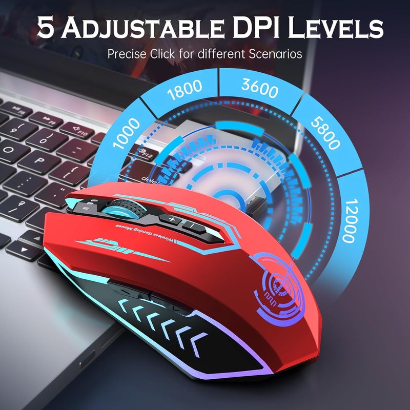 UHURU Gaming Mouse, Wireless Gaming Mouse with 7 Buttons 7 Changeable LED Color up to 12000 DPI, Rechargeable USB Gamer Mouse for PC Laptop (Red) - Image 2
