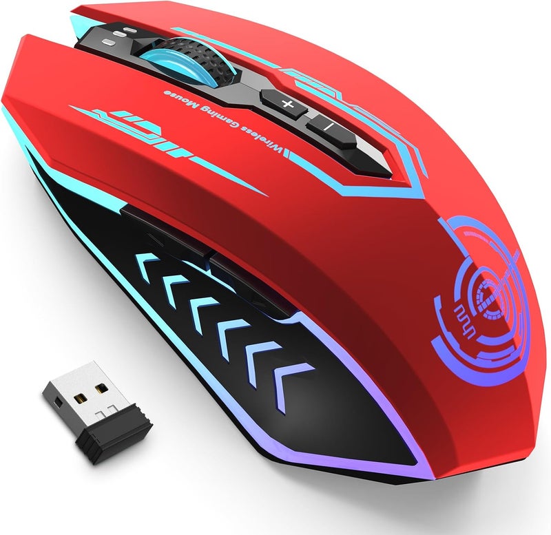 UHURU Gaming Mouse, Wireless Gaming Mouse with 7 Buttons 7 Changeable LED Color up to 12000 DPI, Rechargeable USB Gamer Mouse for PC Laptop (Red) - Image 1