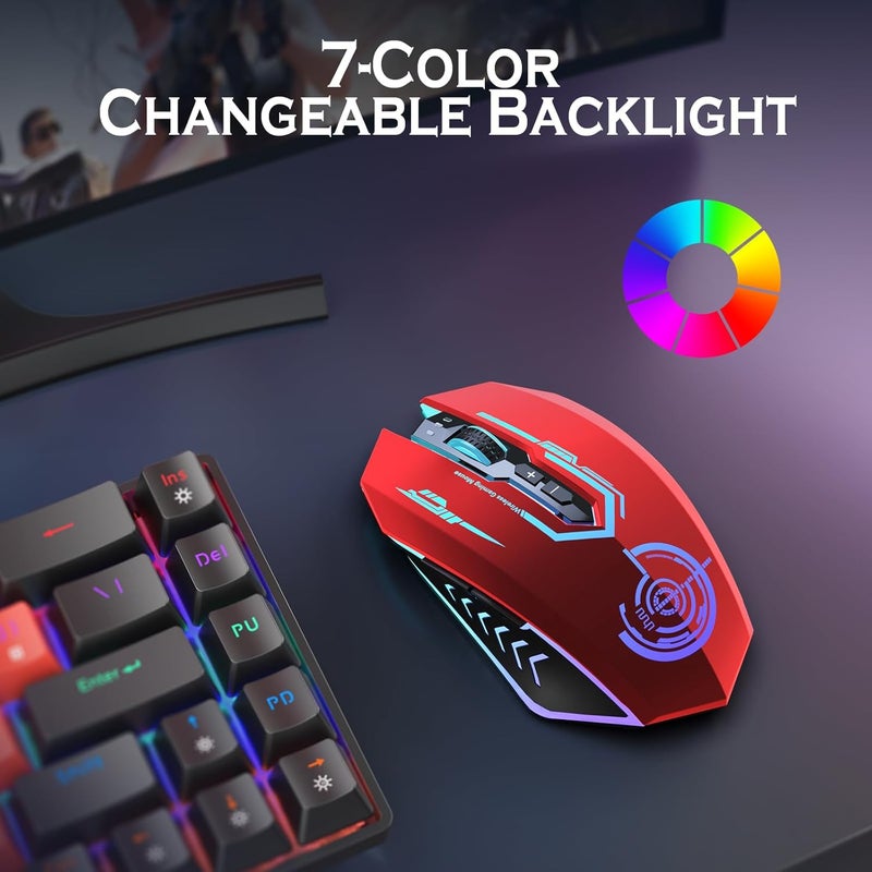 UHURU Gaming Mouse, Wireless Gaming Mouse with 7 Buttons 7 Changeable LED Color up to 12000 DPI, Rechargeable USB Gamer Mouse for PC Laptop (Red) - Image 3