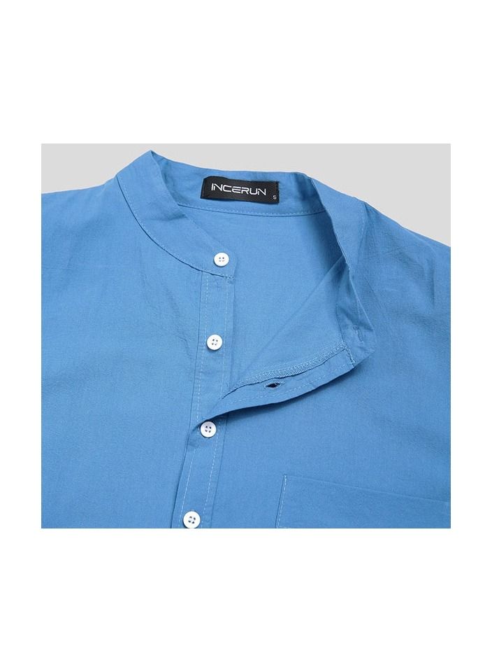 1-Piece Cotton Comfortable And Soft Long Sleeve Night Shirts Home Wear Men's Fashion Lounge Pajamas Robe Color Blue Size XL
