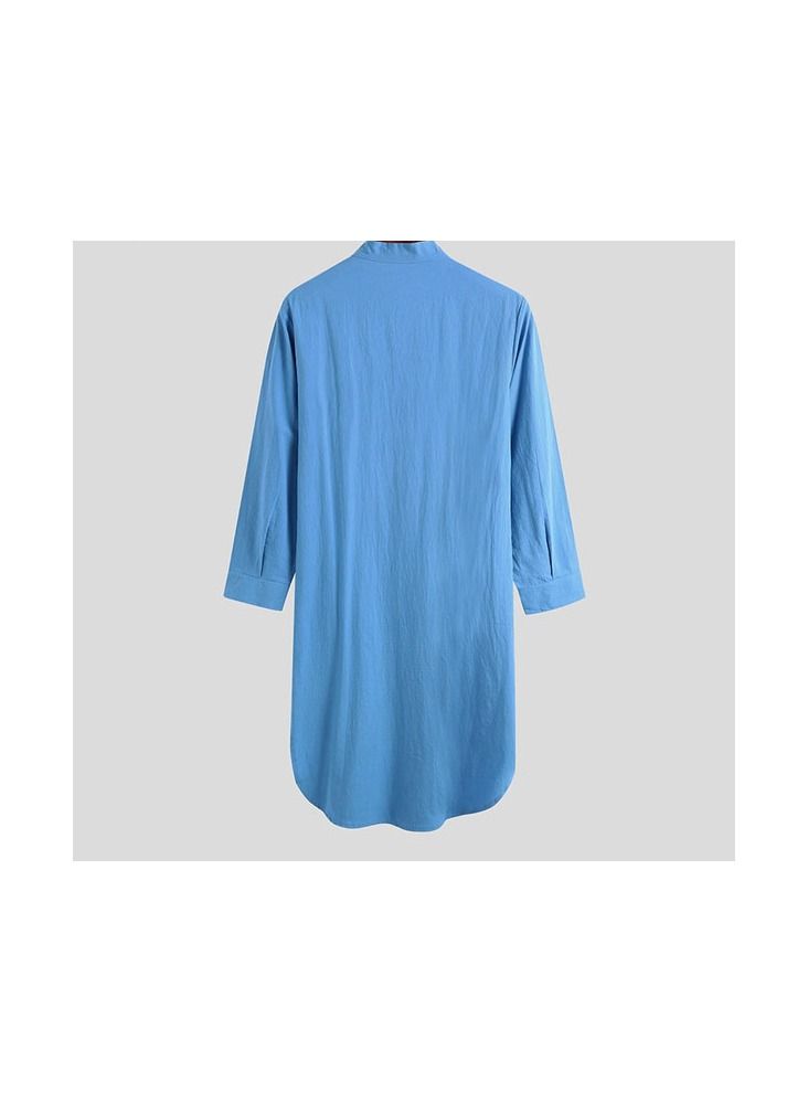 1-Piece Cotton Comfortable And Soft Long Sleeve Night Shirts Home Wear Men's Fashion Lounge Pajamas Robe Color Blue Size XL