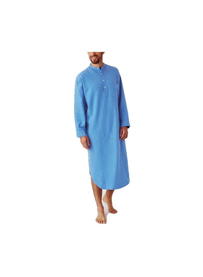 1-Piece Cotton Comfortable And Soft Long Sleeve Night Shirts Home Wear Men's Fashion Lounge Pajamas Robe Color Blue Size XL