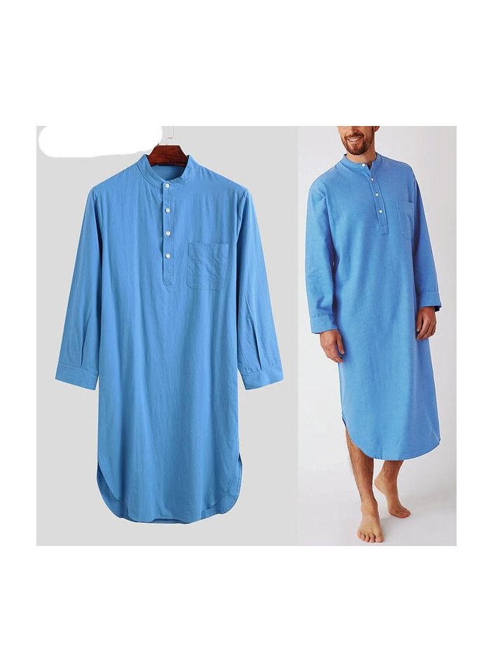 1-Piece Cotton Comfortable And Soft Long Sleeve Night Shirts Home Wear Men's Fashion Lounge Pajamas Robe Color Blue Size XL