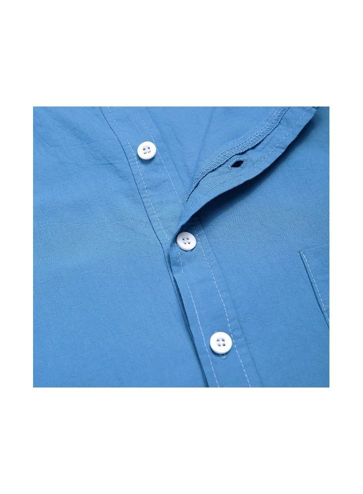 1-Piece Cotton Comfortable And Soft Long Sleeve Night Shirts Home Wear Men's Fashion Lounge Pajamas Robe Color Blue Size XL