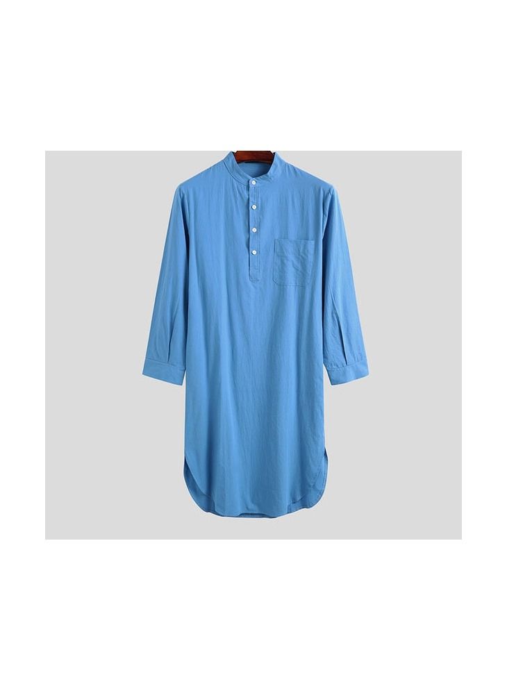 1-Piece Cotton Comfortable And Soft Long Sleeve Night Shirts Home Wear Men's Fashion Lounge Pajamas Robe Color Blue Size XL