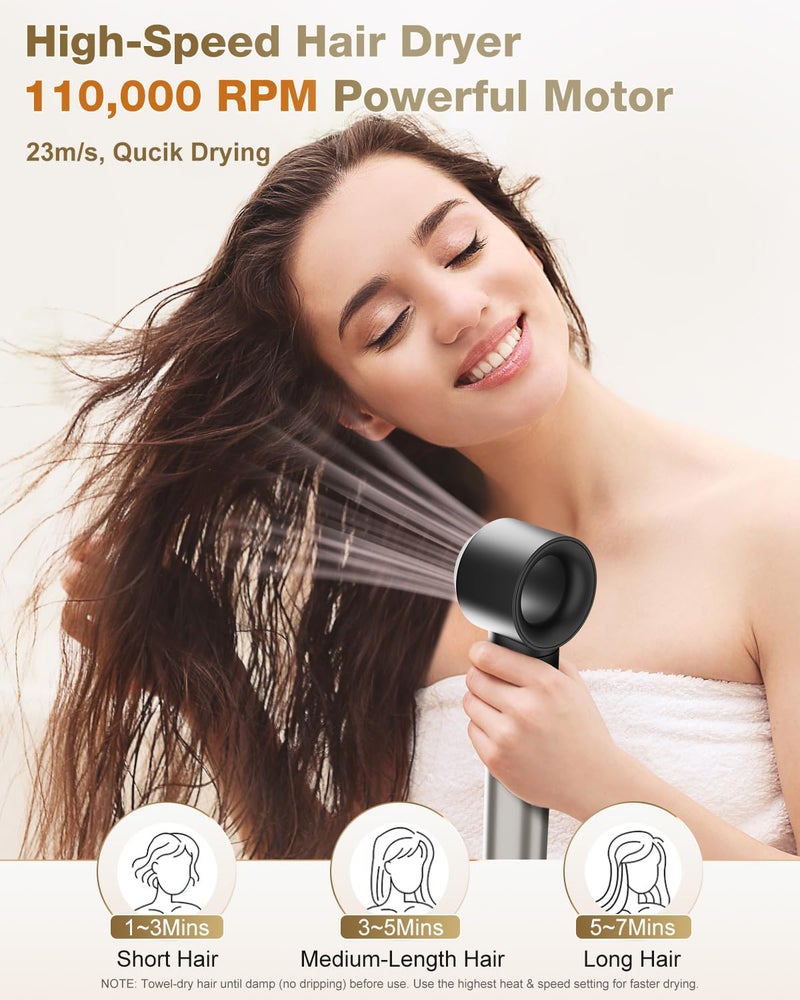 7MAGIC 6 in 1 Multi Hair Styler Dryer Brush, 110,000 RPM High-Speed, Negative Ionic, Fast Drying for Professional Blow Dry, Curling, Volumizing, Straightening and Styling, Silver - Image 3
