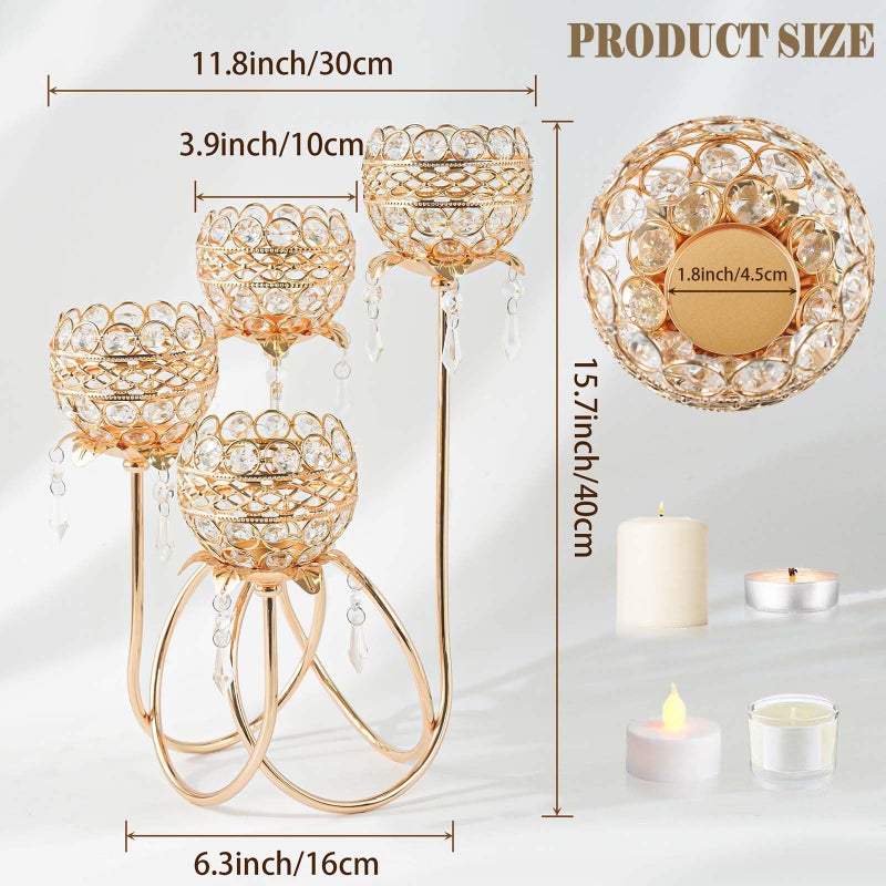 kehail 4 Arms Crystal Candelabra Tealight Holder - Tall 15.7 Inch Elegant Centerpiece with Crystal Pendant Bowls & Artistic Metal Stand for Wedding, Dining Table, Home Decor (2, Gold) - Image 2
