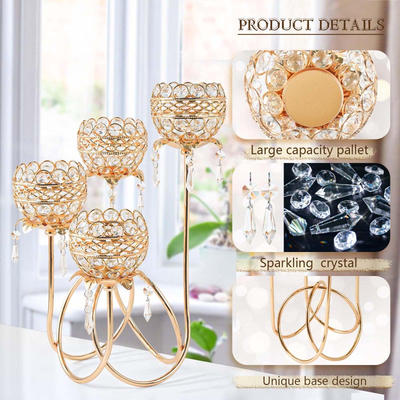 kehail 4 Arms Crystal Candelabra Tealight Holder - Tall 15.7 Inch Elegant Centerpiece with Crystal Pendant Bowls & Artistic Metal Stand for Wedding, Dining Table, Home Decor (2, Gold) - Image 3