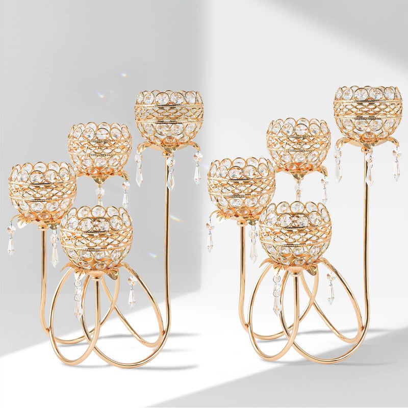 kehail 4 Arms Crystal Candelabra Tealight Holder - Tall 15.7 Inch Elegant Centerpiece with Crystal Pendant Bowls & Artistic Metal Stand for Wedding, Dining Table, Home Decor (2, Gold) - Image 1