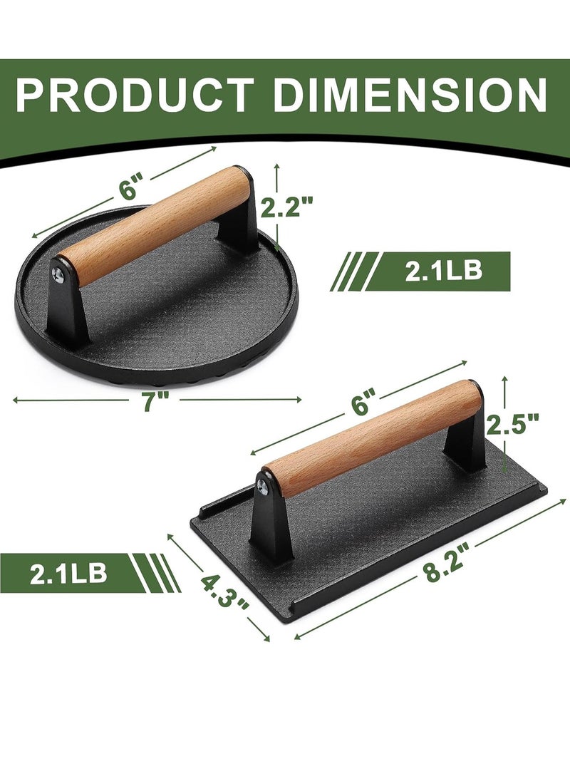 Gerenic - Burger Press 7 inch Round 8.2 inch X 4.3 inch Rectangle Heavy Duty Cast Iron Smash Press Steak with Wood Handle for Griddle Sandwich Nonstick Pan - Image 1