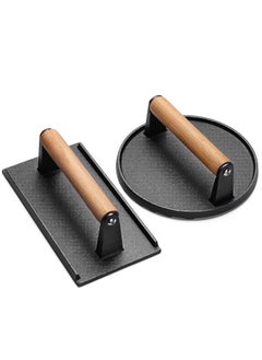 Burger Press 7 inch Round 8.2 inch X 4.3 inch Rectangle Heavy Duty Cast Iron Smash Press Steak with Wood Handle for Griddle Sandwich Nonstick Pan