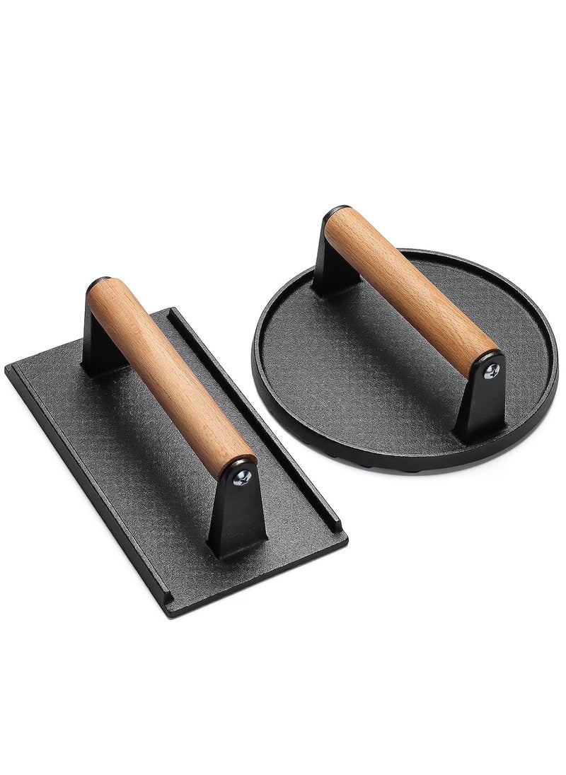 Gerenic - Burger Press 7 inch Round 8.2 inch X 4.3 inch Rectangle Heavy Duty Cast Iron Smash Press Steak with Wood Handle for Griddle Sandwich Nonstick Pan - Image 1