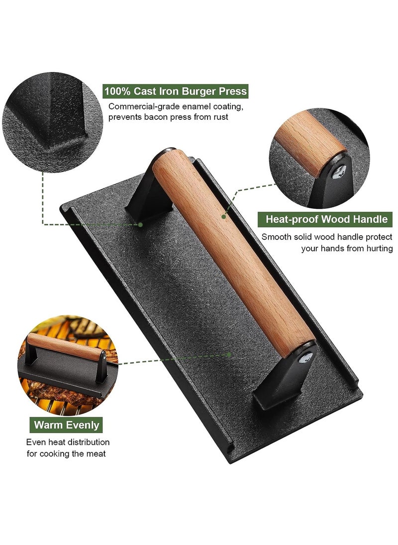 Gerenic - Burger Press 7 inch Round 8.2 inch X 4.3 inch Rectangle Heavy Duty Cast Iron Smash Press Steak with Wood Handle for Griddle Sandwich Nonstick Pan - Image 1