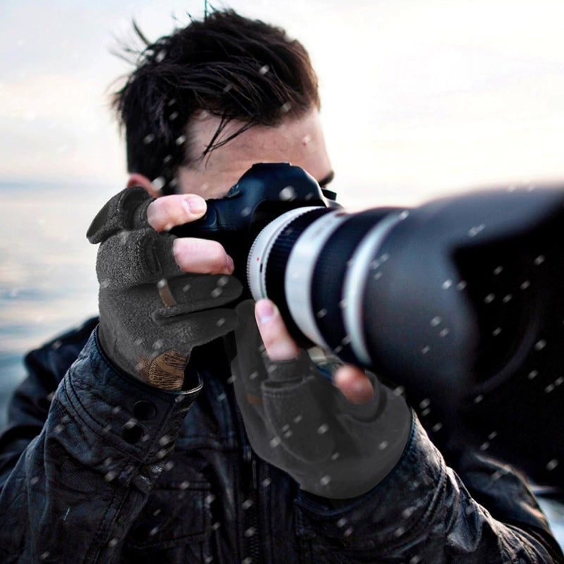 Palmyth Magnetic Fleece Fishing Gloves Convertible 3 Cut Fingers Ice Fishing Warm for Cold Weather Photography (Gray, Large) - Image 5
