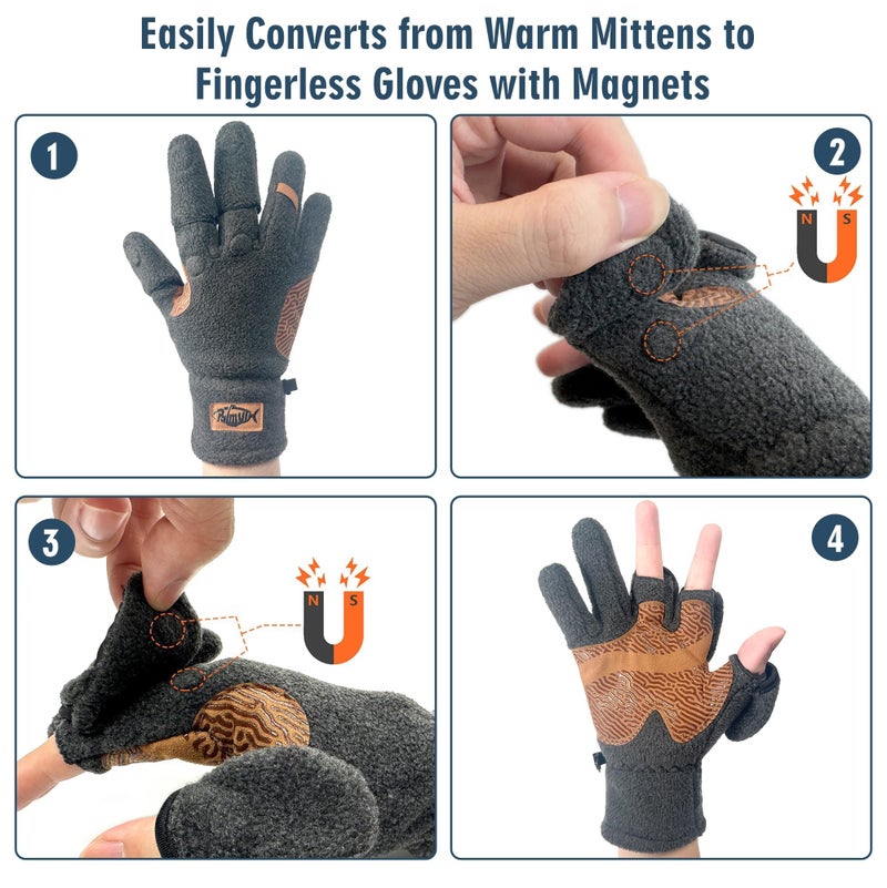 Palmyth Magnetic Fleece Fishing Gloves Convertible 3 Cut Fingers Ice Fishing Warm for Cold Weather Photography (Gray, Large) - Image 2