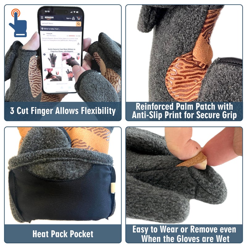 Palmyth Magnetic Fleece Fishing Gloves Convertible 3 Cut Fingers Ice Fishing Warm for Cold Weather Photography (Gray, Large) - Image 3