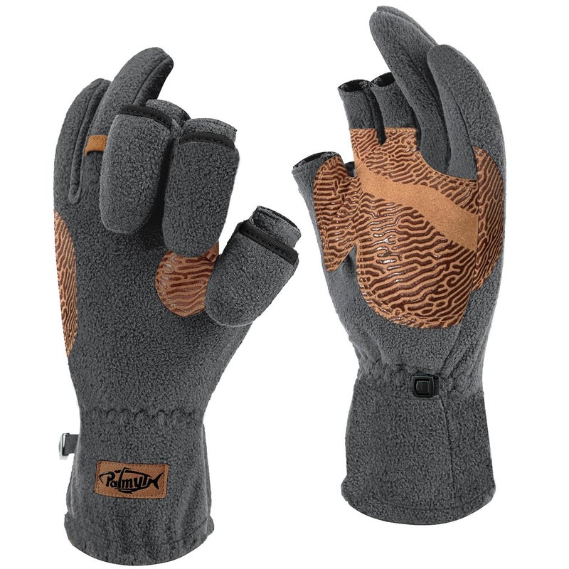 Palmyth Magnetic Fleece Fishing Gloves Convertible 3 Cut Fingers Ice Fishing Warm for Cold Weather Photography (Gray, Large) - Image 1