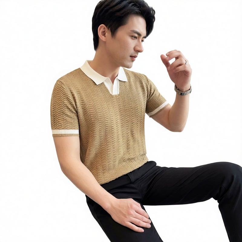 Men's Knitted Polo Short Sleeve T-Shirt with Contrast Collar Jacquard Casual Top - Image 1