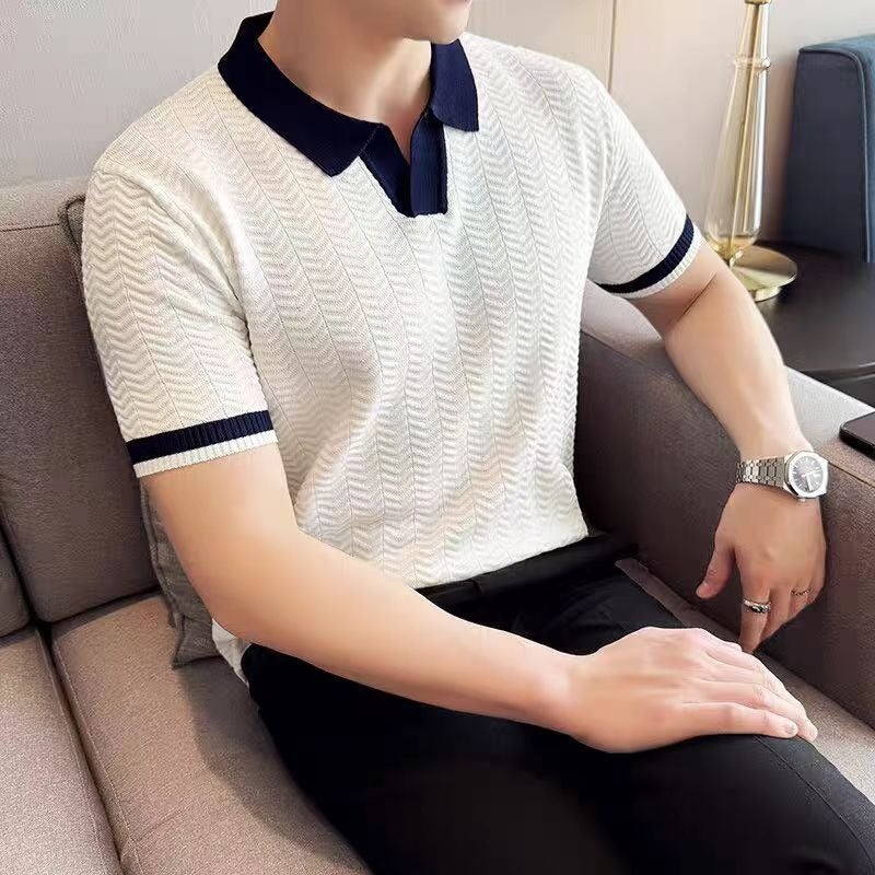 Men's Knitted Polo Short Sleeve T-Shirt with Contrast Collar Jacquard Casual Top - Image 2