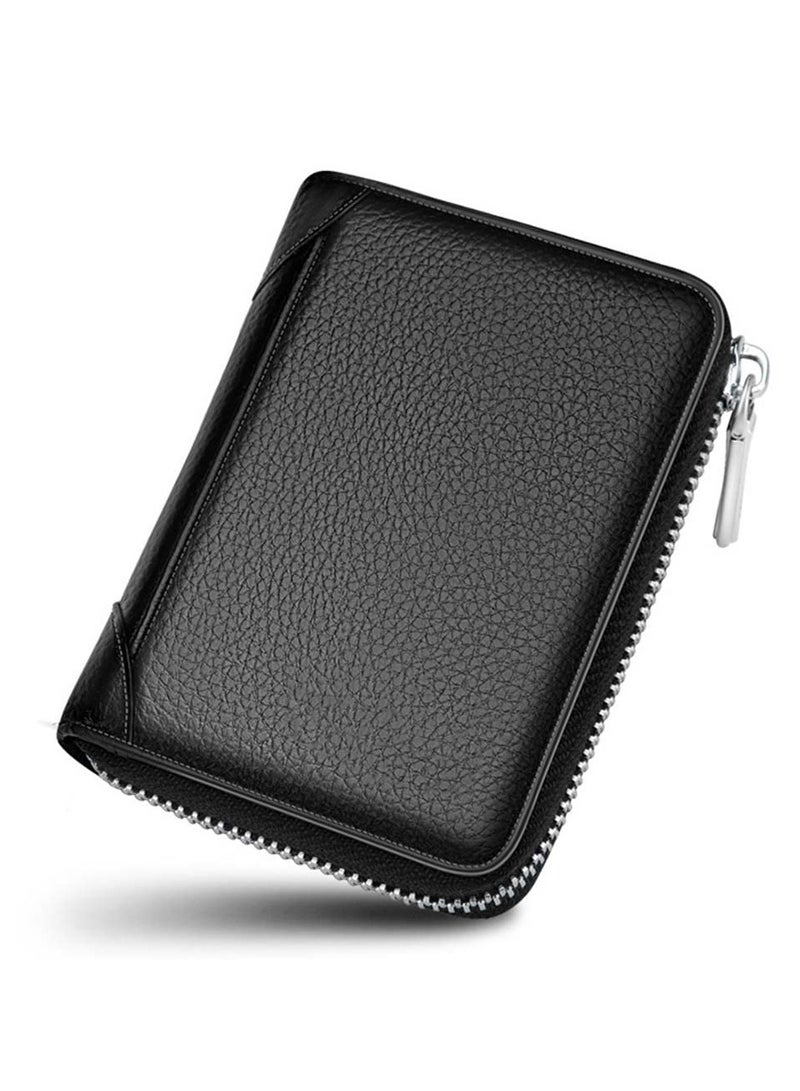 KASTWAVE Leather business card holder business card case credit card wallet men's wallet zipper leather RFID card holder zipper coin purse (black)  - Image 1